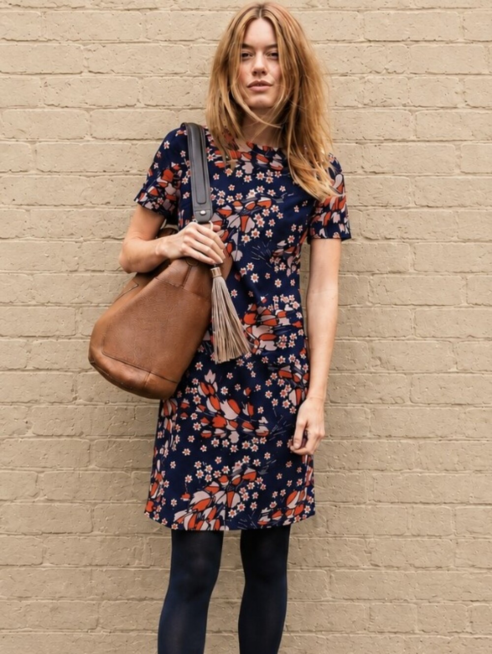 Boden Easy Shift Dress Navy Autumnal Sz 12 TALL Short Sleeve Retro Mod Floral